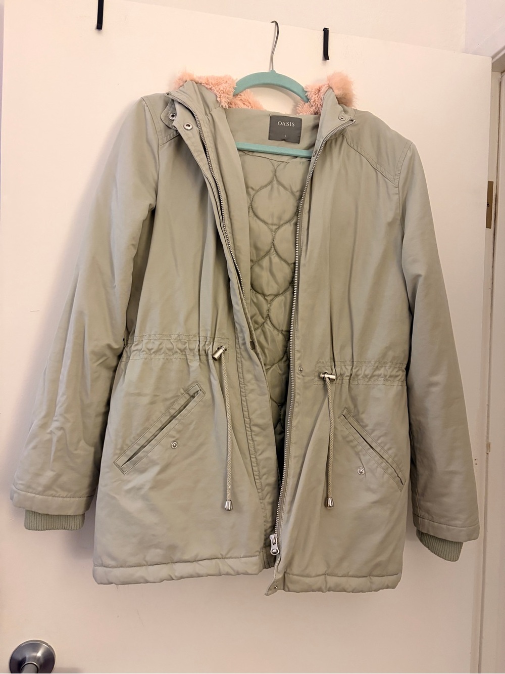 Oasis Women's Sage Green Parka with Pink Faux Fur Hood